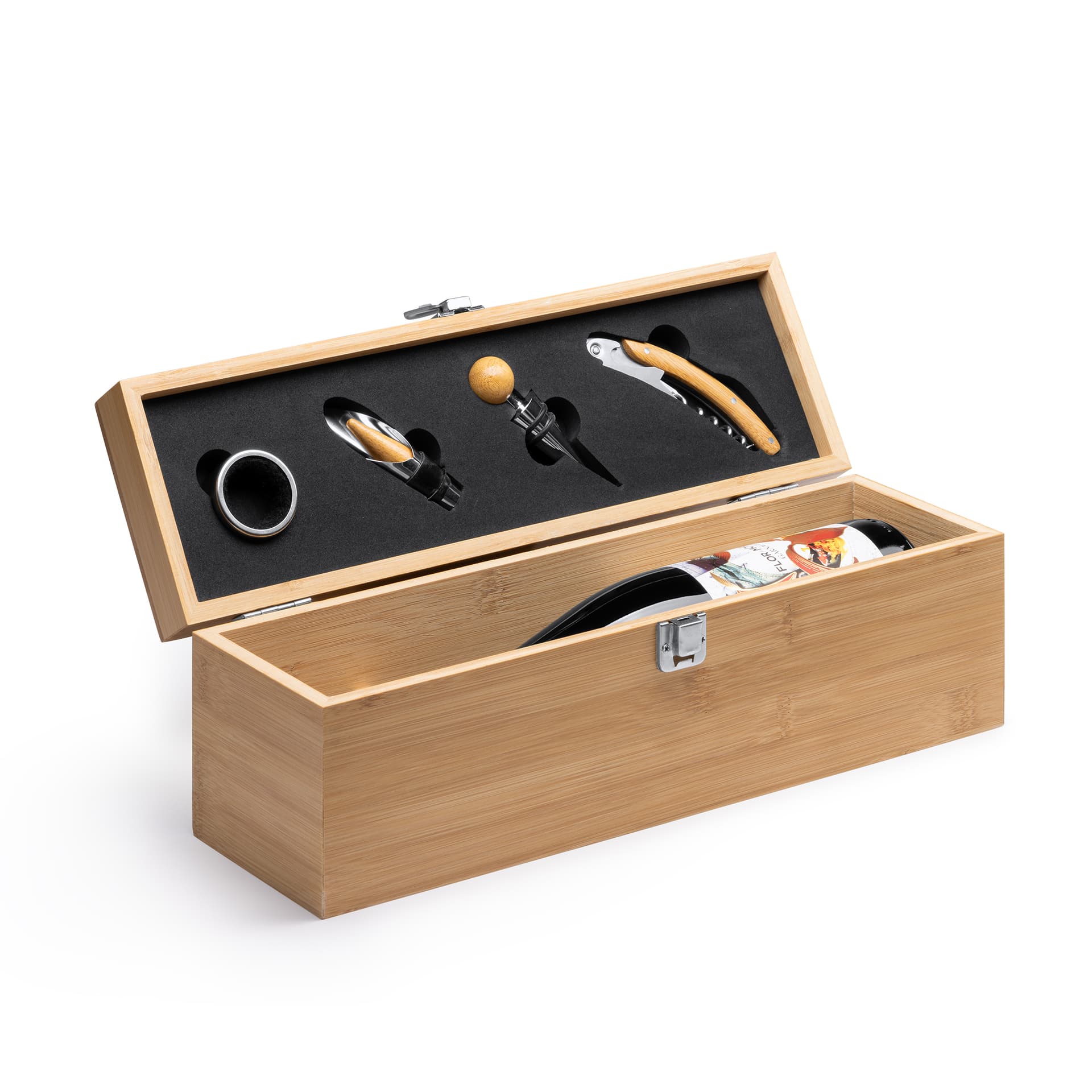 Estuche de bambú para botella de vino con accesorios incluidos