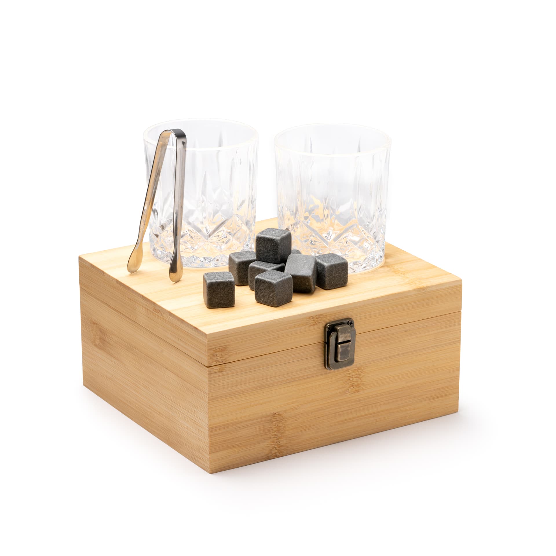 Set de Whisky de Bambú con Vasos, Cubitos Reutilizables y Pinzas