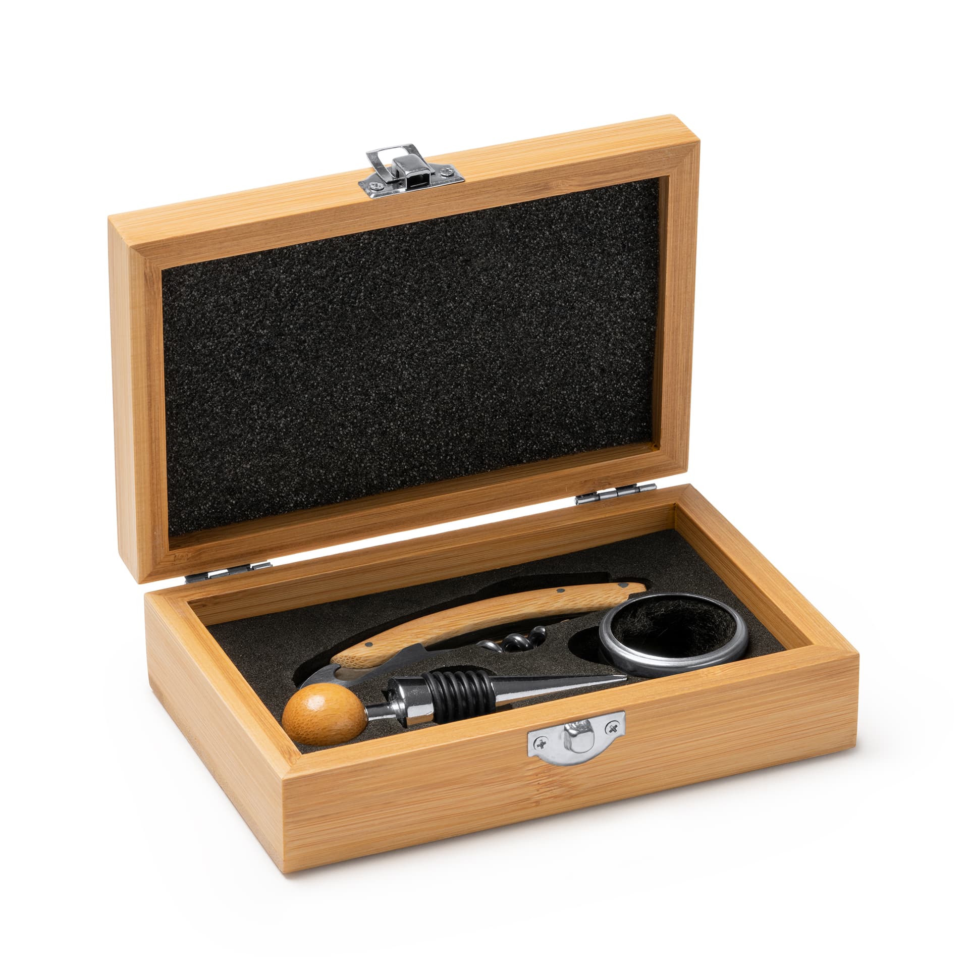 Set de vino elegante con accesorios de acero inoxidable y bambú