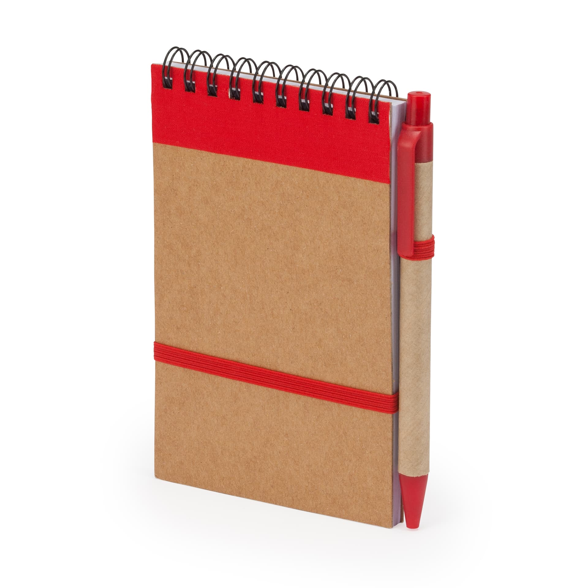 Libreta espiral con tapa rígida de cartón reciclado y bolígrafo