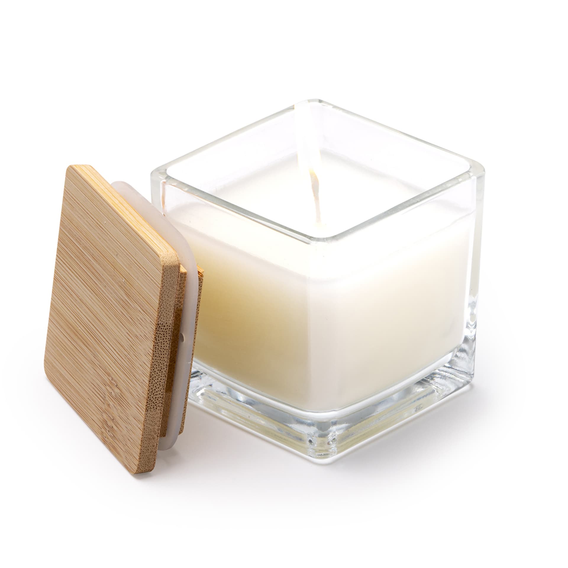 Vela aromática de vainilla en cristal con tapa de bambú