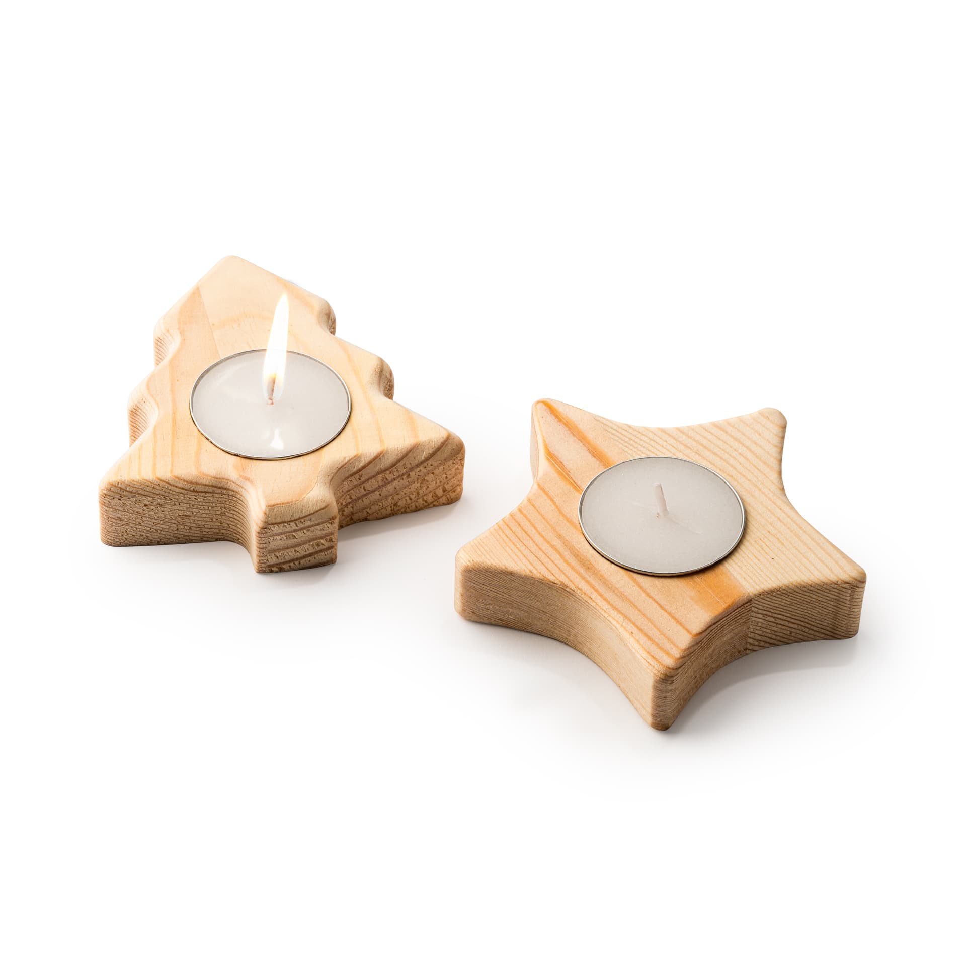 Vela decorativa en soporte de madera con diseños navideños