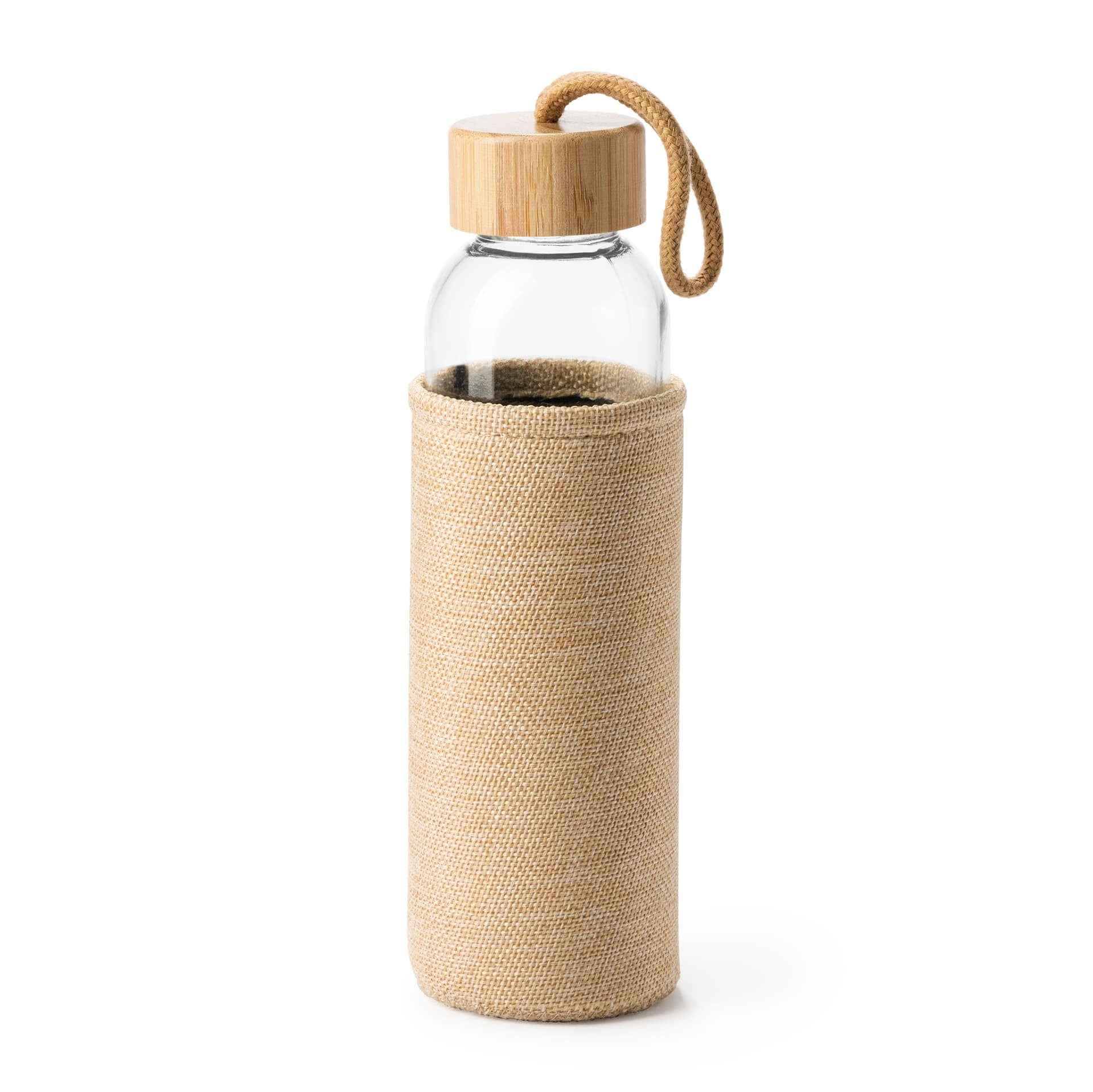 Bidón de cristal 500 ml con funda de yute simulado y asa