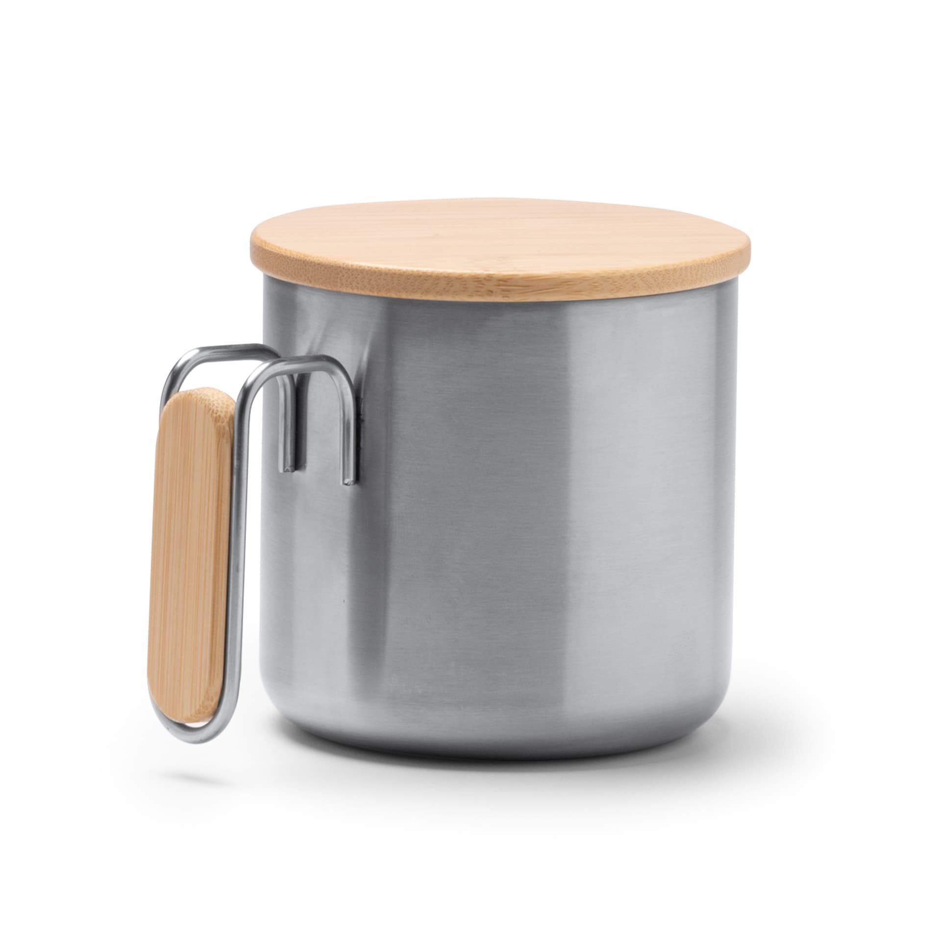 Taza de acero inoxidable 304 reciclado con asa y tapa de bambú
