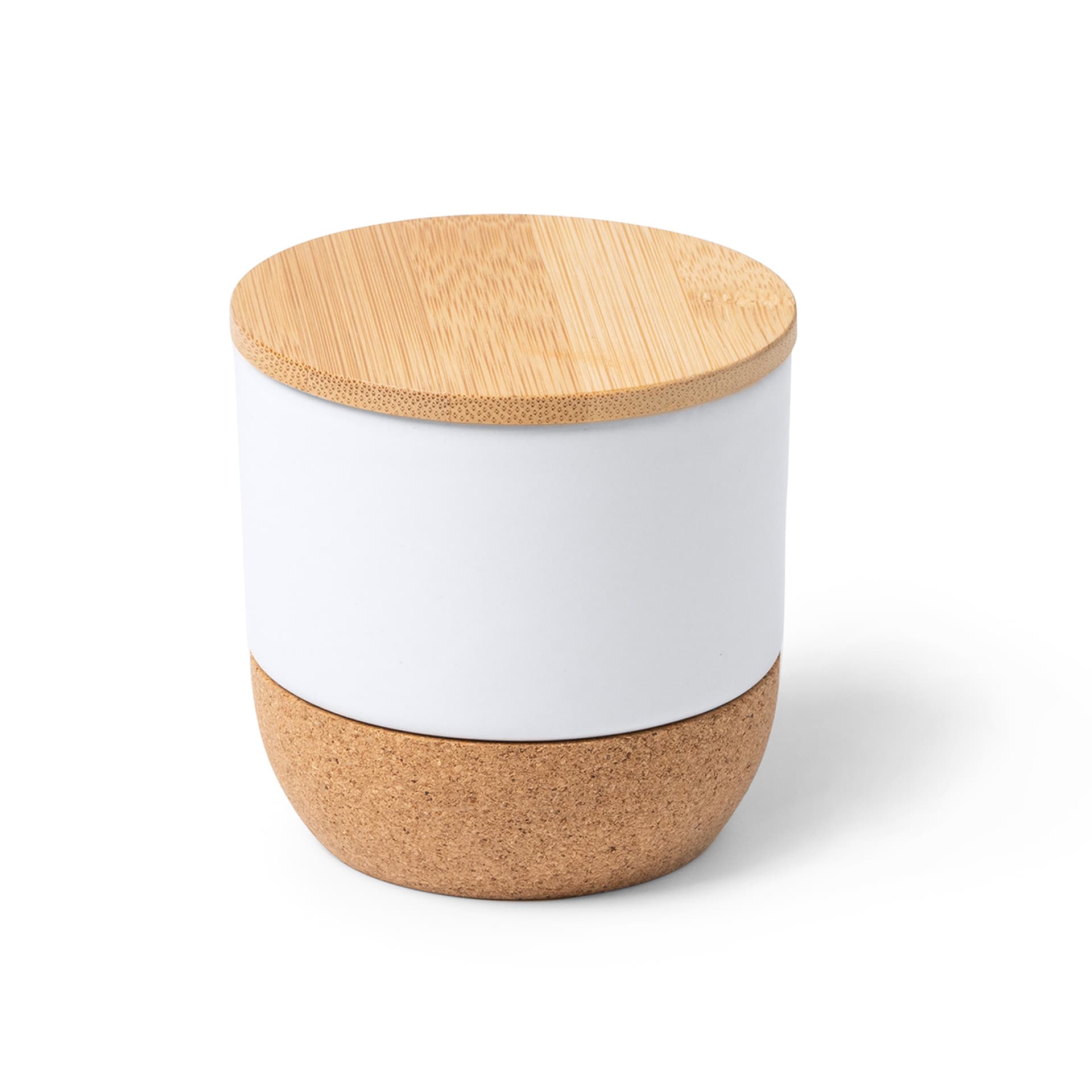 Vela aromática contenida en un recipiente de cerámica con base de corcho y tapa de bambú