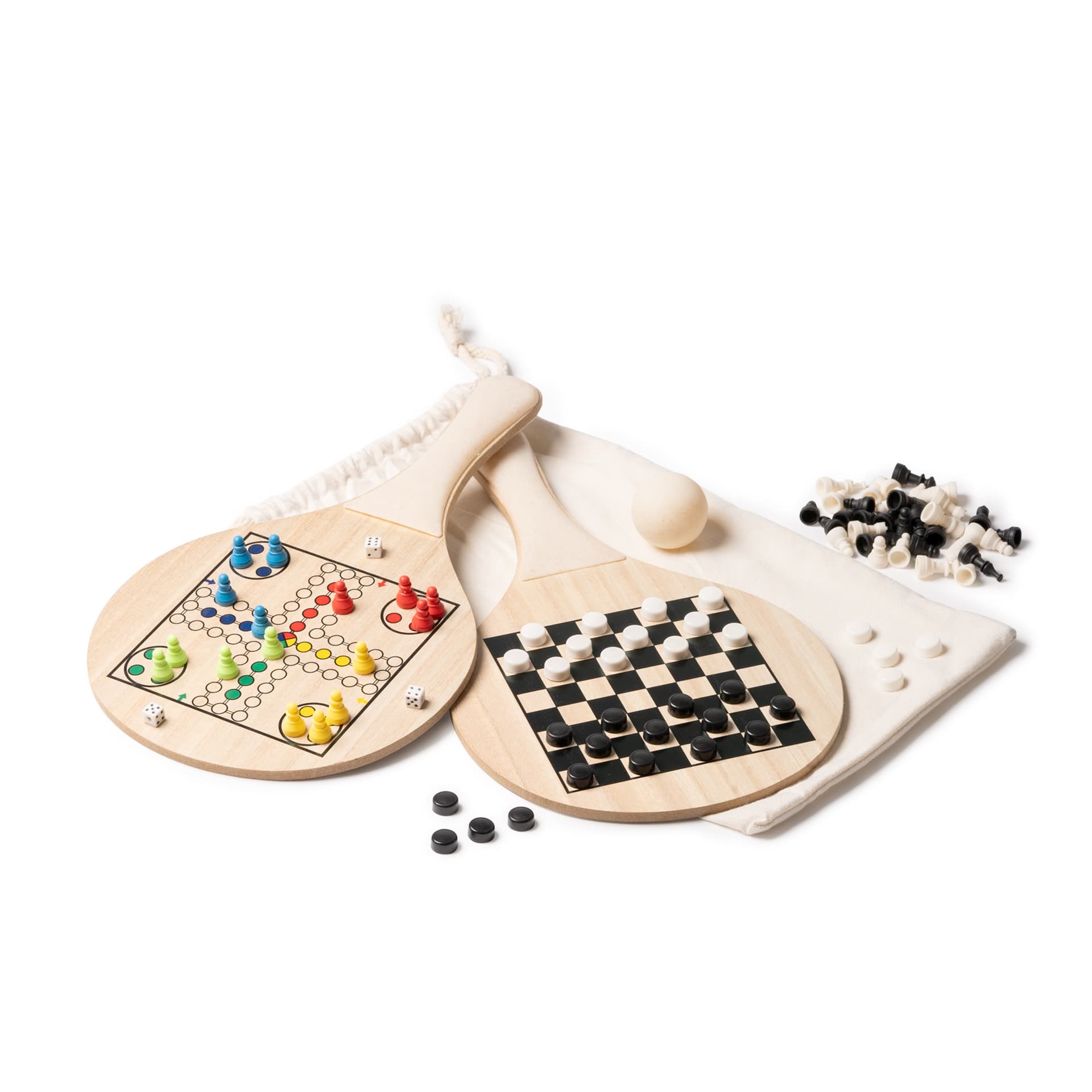 Juego de Palas de Playa con Ajedrez y Parchís en Madera y Fibra