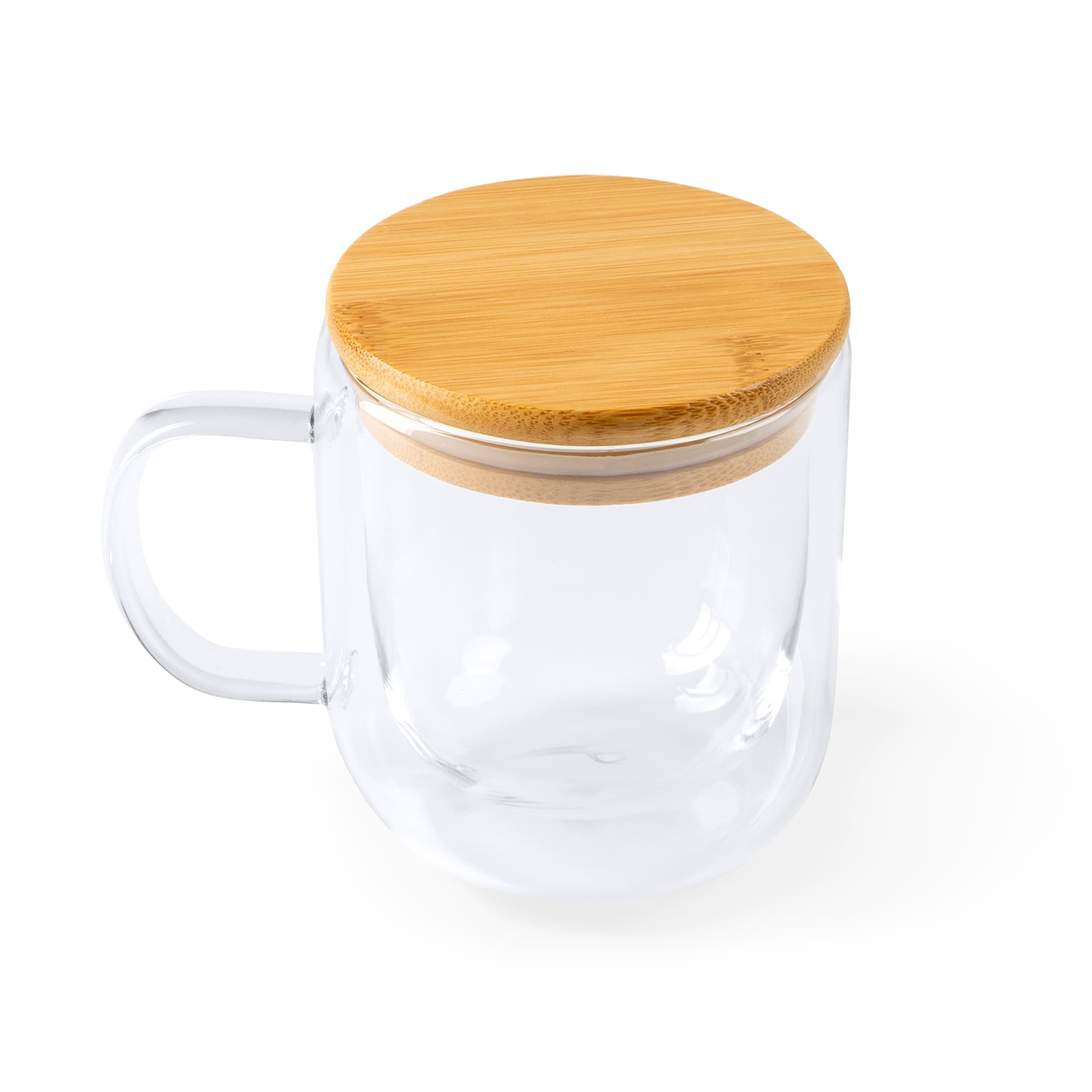 Taza de doble pared en cristal borosilicato con tapa de bambú 280 ml