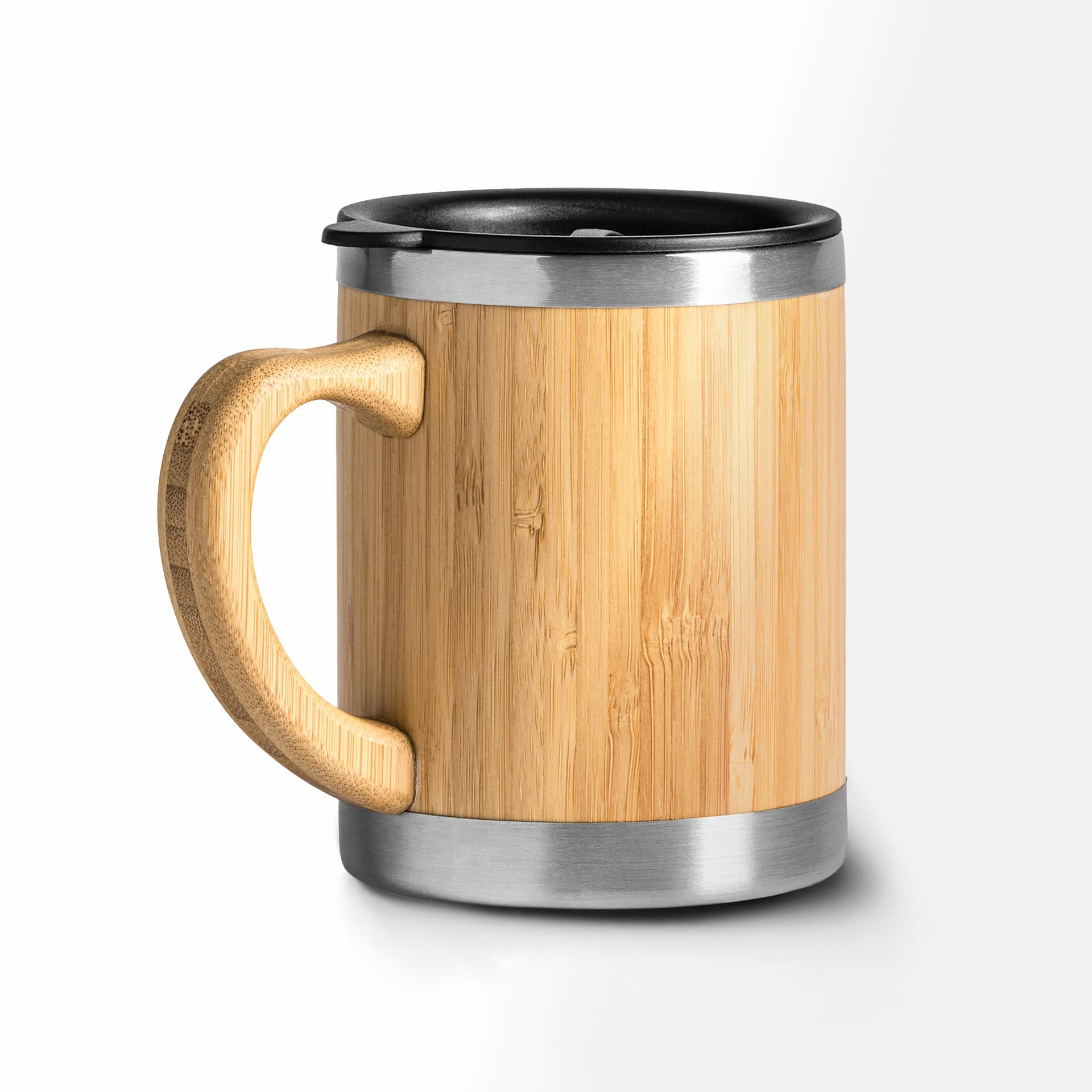 Taza de acero inoxidable con bambú, doble pared y tapa 340 ml